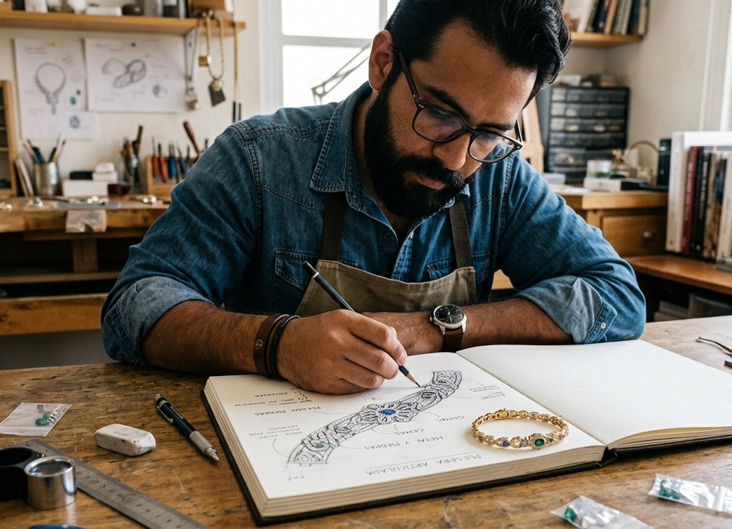Joyero dibujando bocetos de joyería a mano