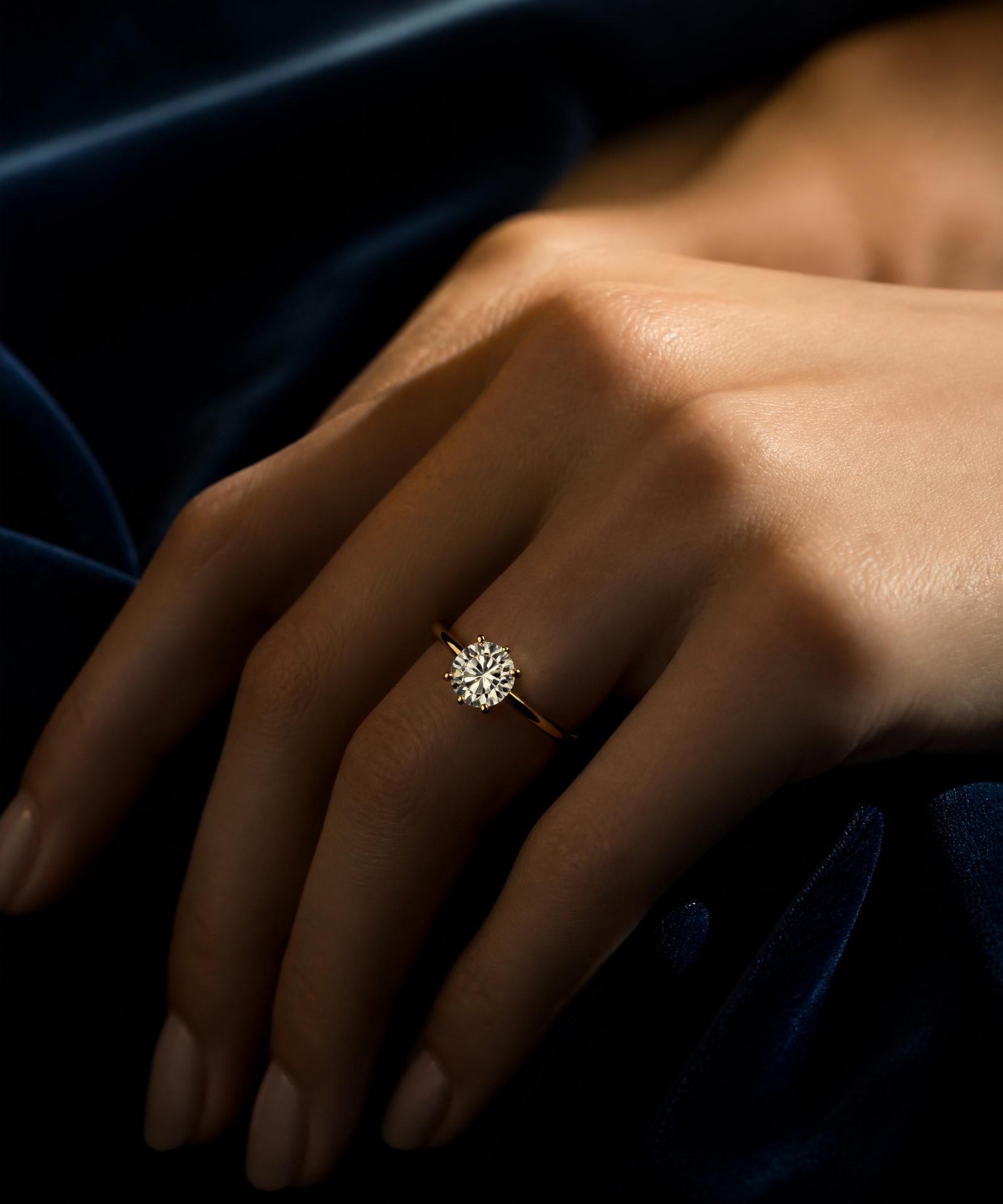 Anillo de compromiso solitario en oro amarillo 18K descansando sobre mano femenina