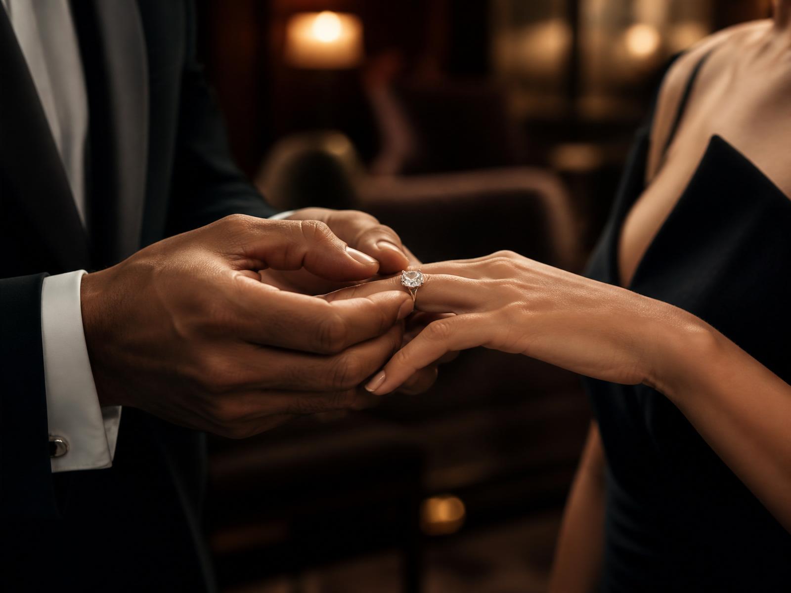 Novio colocando anillo de compromiso a la novia en un salón íntimo